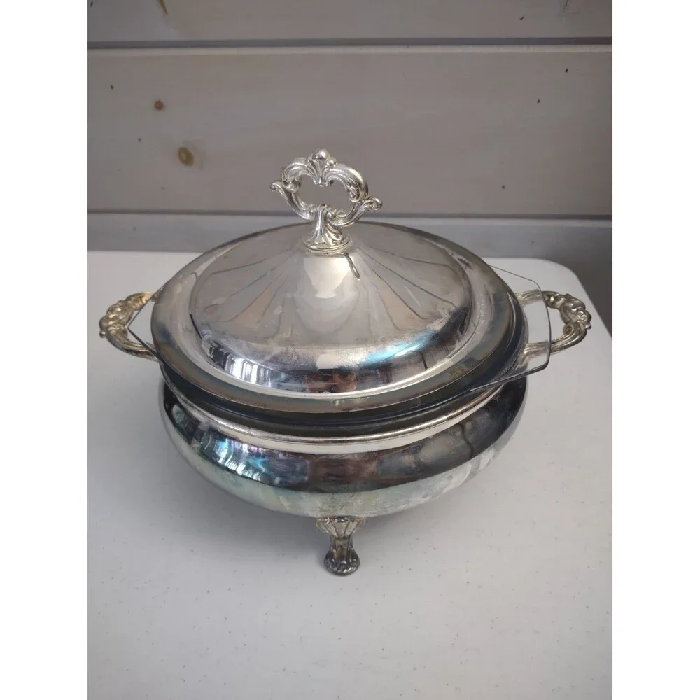 Vintage Silver Plated Covered Casserole Serving Dish Glass Insert Hong Kong